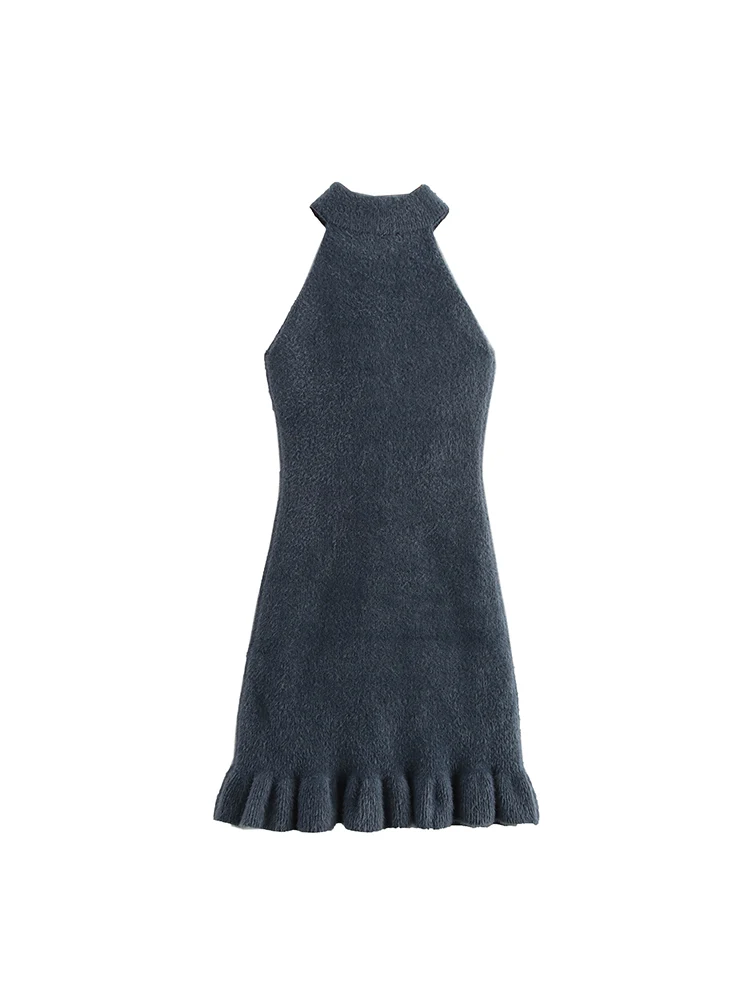 European and American style autumn and winter new fashion all-match high-grade beaded faux fur effect halter neck dress