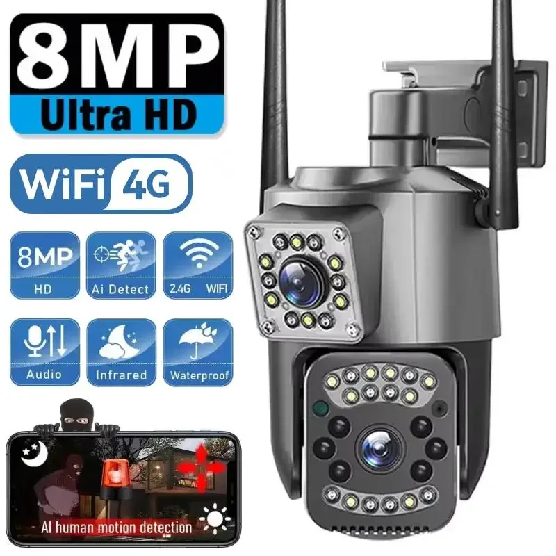 

8MP Wireless Security Monitor Cameras Dual Lens PTZ 4G SIM Card Two-way Audio Night Color Cam CCTV Camera HD 4K WiFi Camera