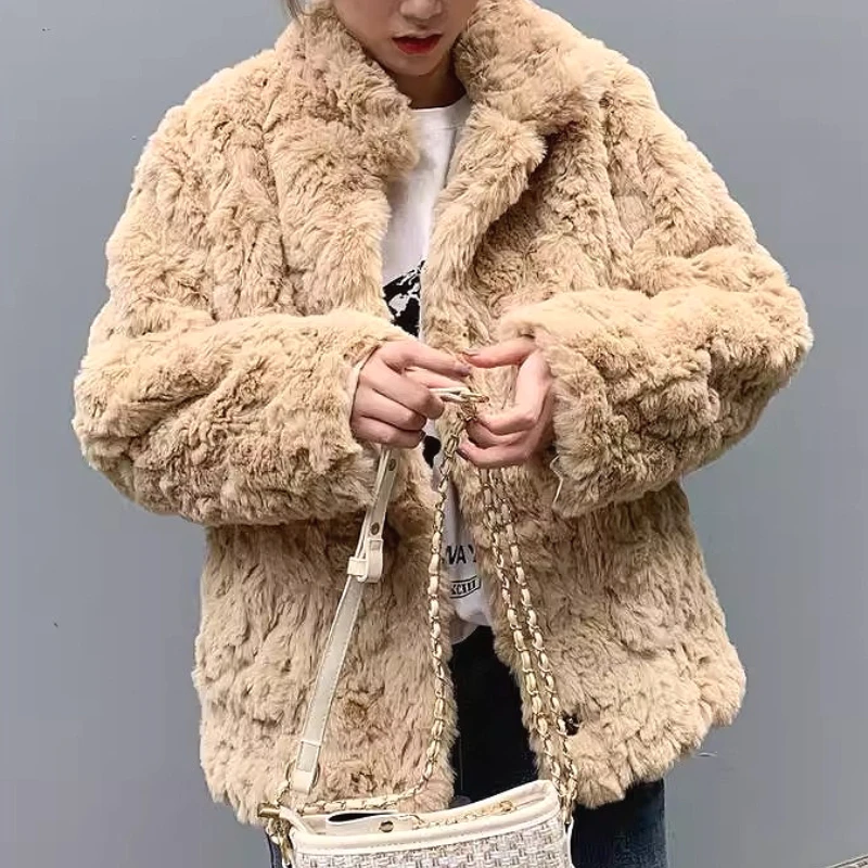 

Women Solid Short Coats Faux Rabbit Fur Jackets Turn Down Collar Long Sleeves Single Breasted Loose Casual 2025 Autumn Winter