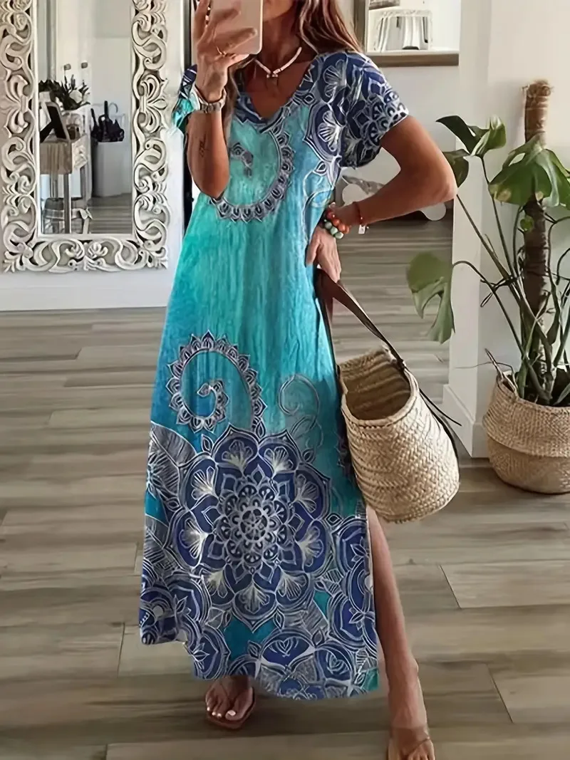 Chic เสื้อยืดสไตล์พิมพ์ Maxi ชุดผู้หญิงรอบคอแขนสั้นฤดูร้อนสบายๆ Vestidos