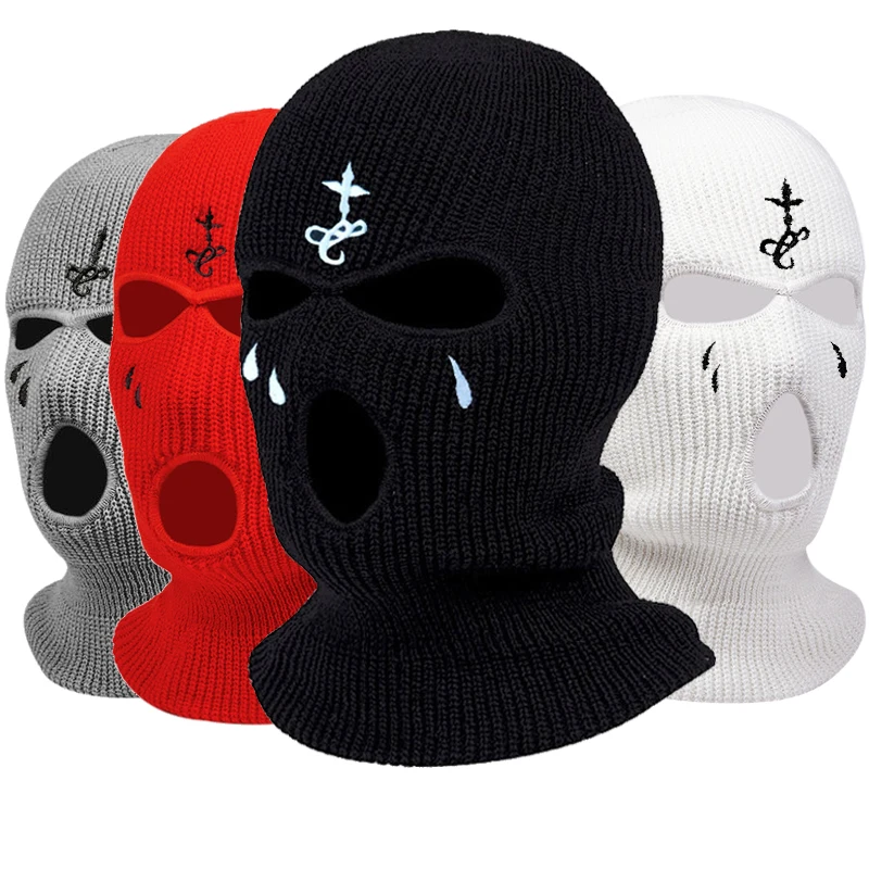 Fashion Unisex Ski Mask Winter Warm 3-Hole Knit Hat Full Face Cover Balaclava Hats Funny Party Embroidery Beanies Riding Caps