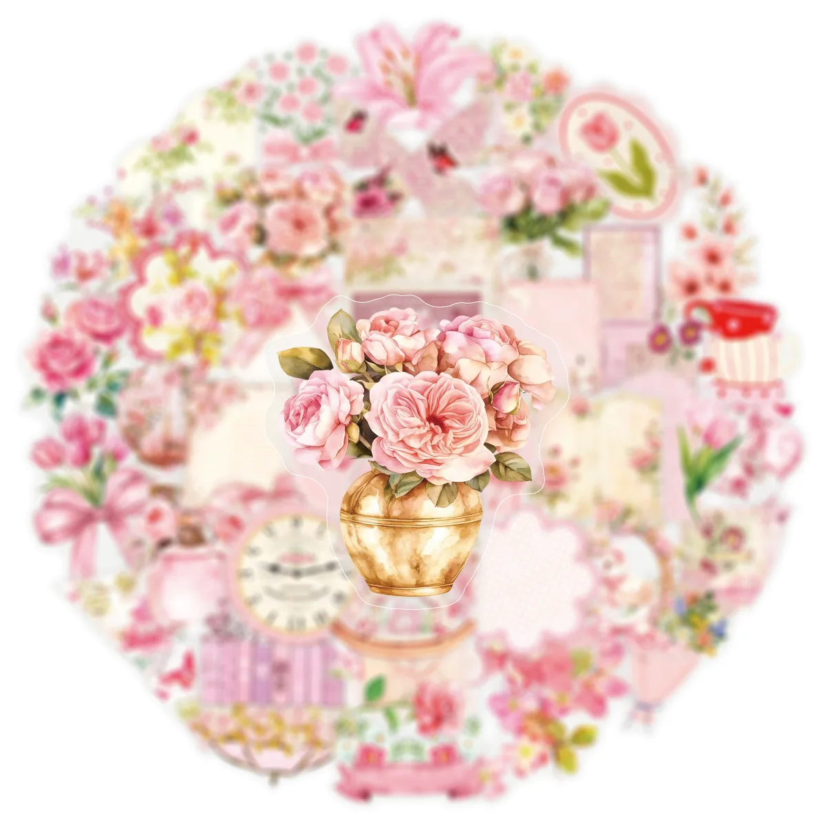 50-Piece Pink Vintage Flower Transparent PET Stickers for Luggage Mobile Notebook Student Stationery Waterproof Decor Stickers