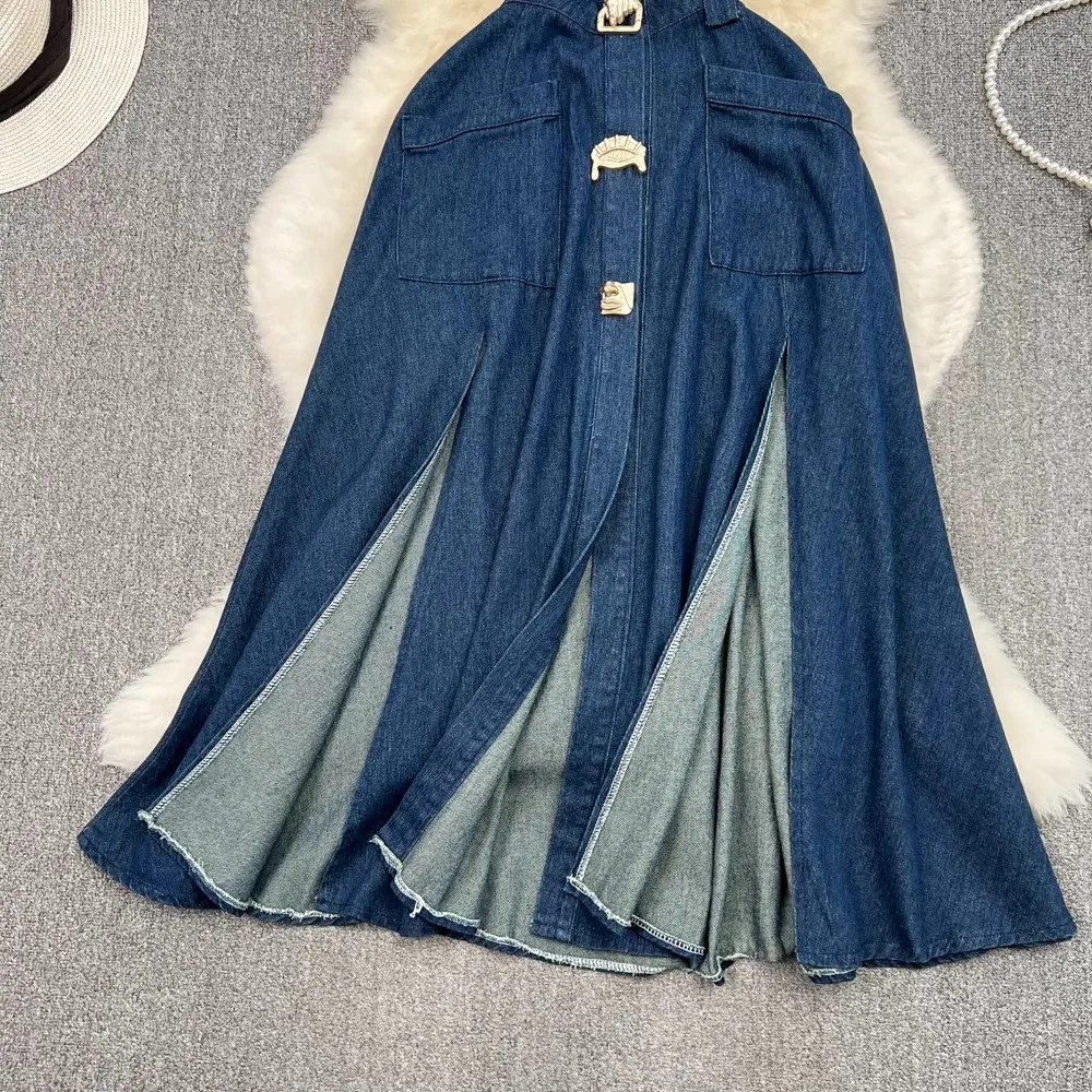 Vintage Sexy Lange Denim Jurk Vrouwen Koreaanse Zomer Mouwloze Holle Blauwe Jurken Jeans Vestidos