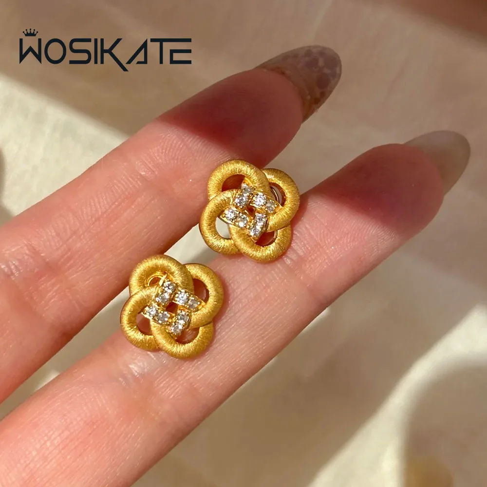 WOSIKATE Vintage Brushed Chinese Knot Earrings For Women Lucky Four-Leaf Clover Micro- Set Zirconia Gold-Plated Fashion Jewelry
