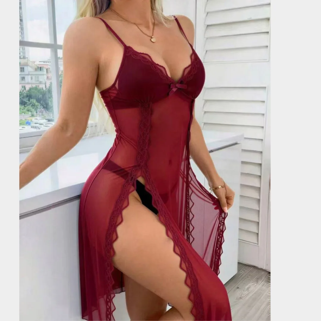 Sexy and breathable sheer deep V-neck elastic mesh double-split spaghetti strap bodycon long dress nightgown. Sexy women's indoo