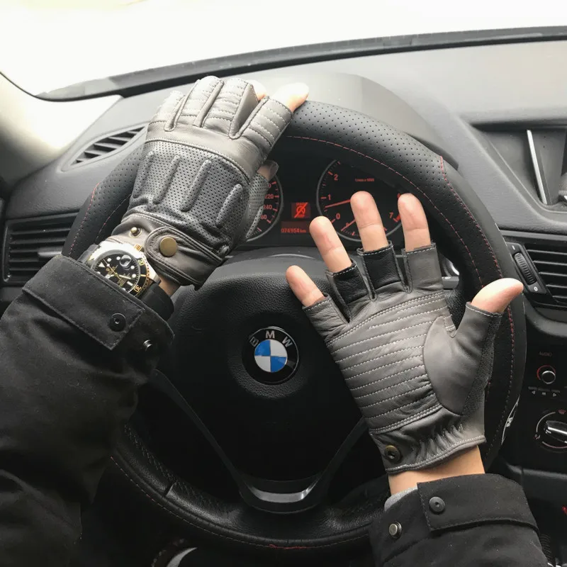 Man Goatskin Half Finger Glove NEW Autumn Mens Motorcycle Leather Gloves Male Semi-Fingers Non-slip Breathable Driving Mitten