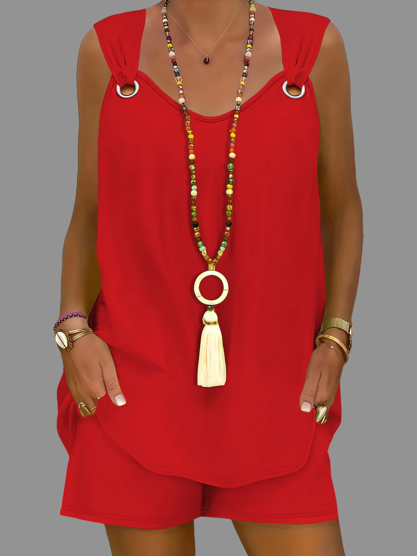 Eendelige dames zomerset met V-hals, effen kleur, mouwloos vest en shorts met ringdecoratie, los en casual