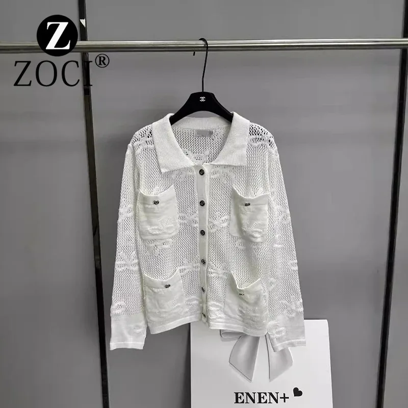 [ZOCI] Autumn New Niche Design Exquisite Polo Collar Hollowed Out Material Bow Pattern Cardigan