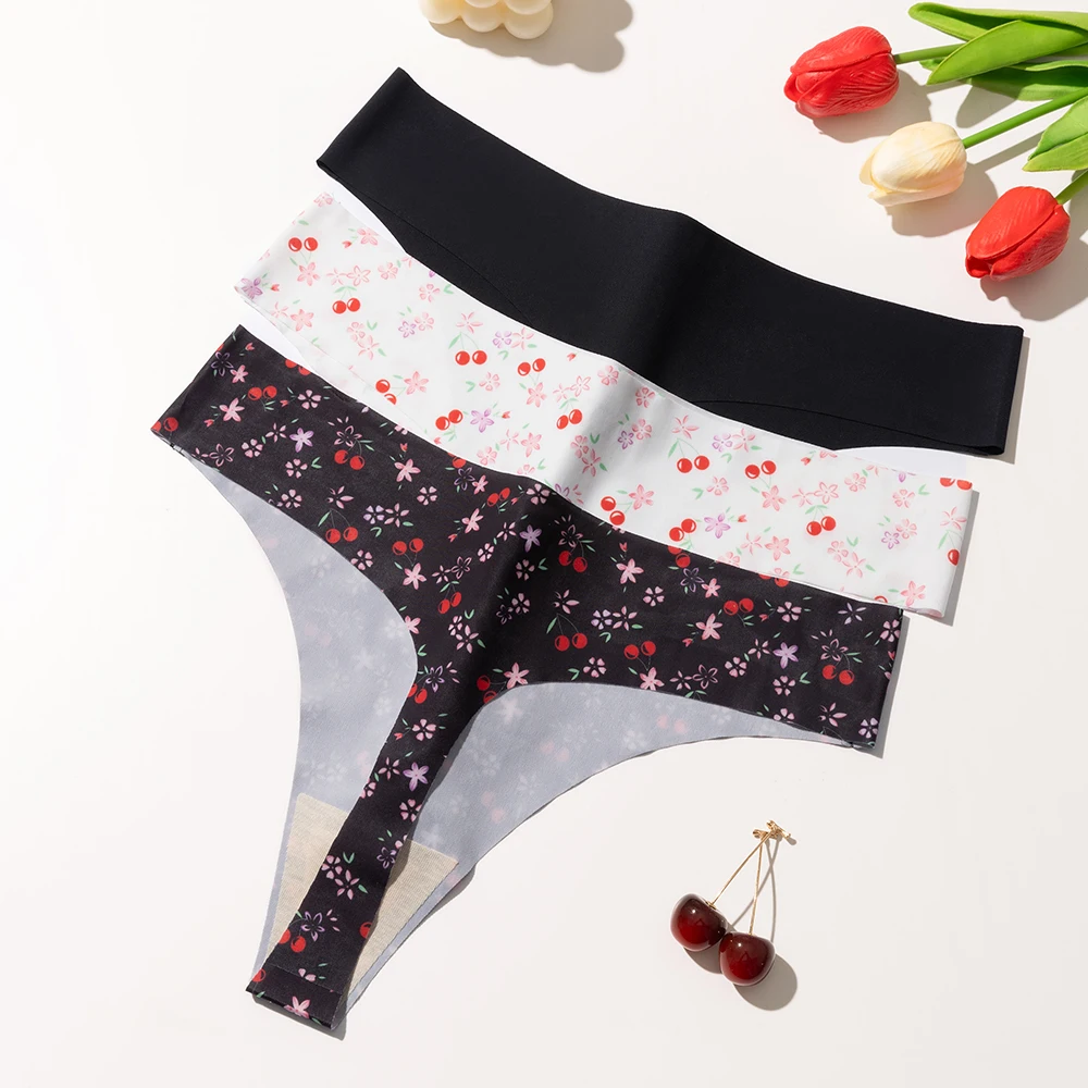 3 قطعة/المجموعة لطيف الكرز المطبوعة سراويل الأزياء الصلبة الألوان المرأة سراويل تنفس سلس الملابس الداخلية الحرير الساتان مثير سيور