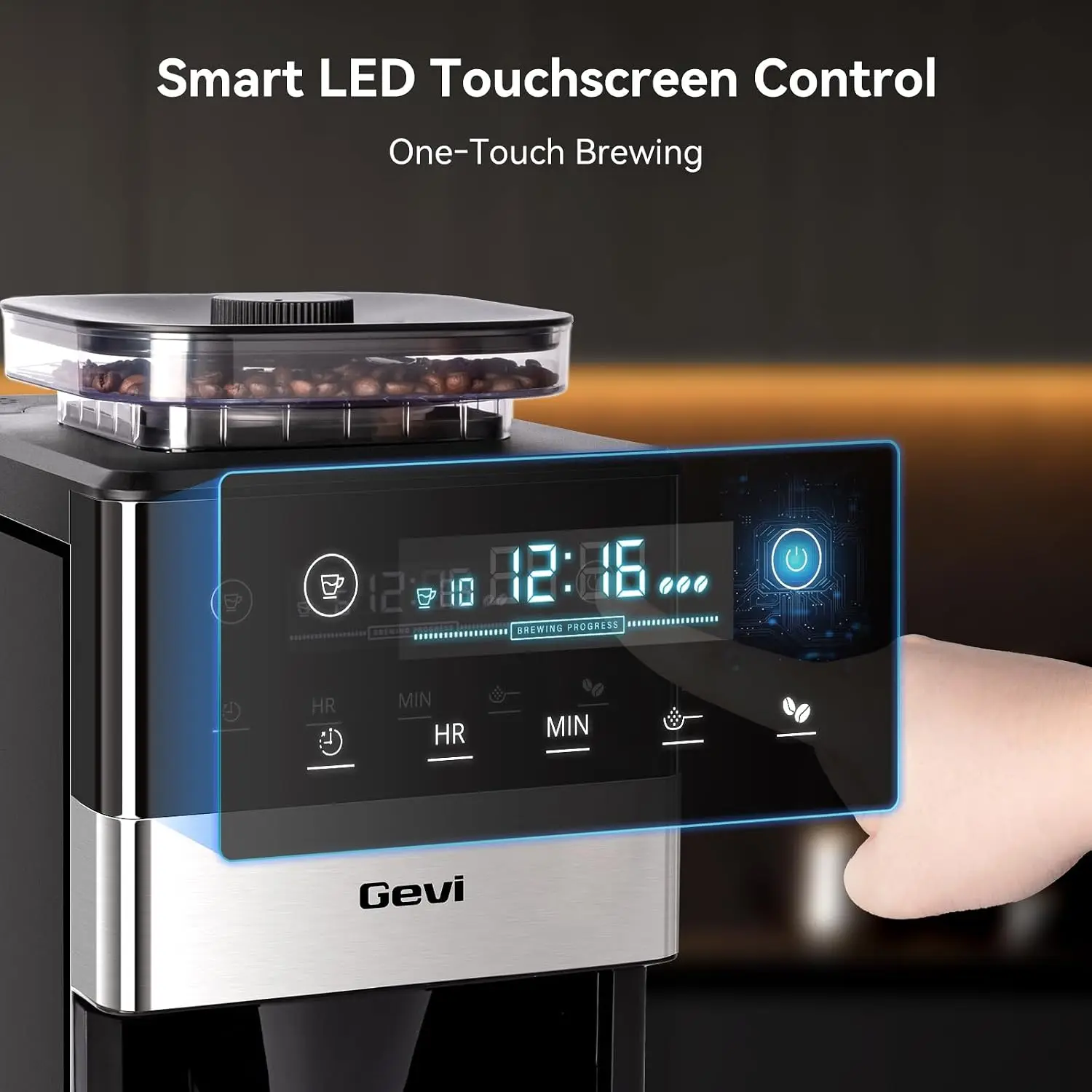 10-Cup Drip Coffee Maker with Integrated Grinder, Grind & Brew System, Large Touchscreen Display, Programmable Scheduled Brewing