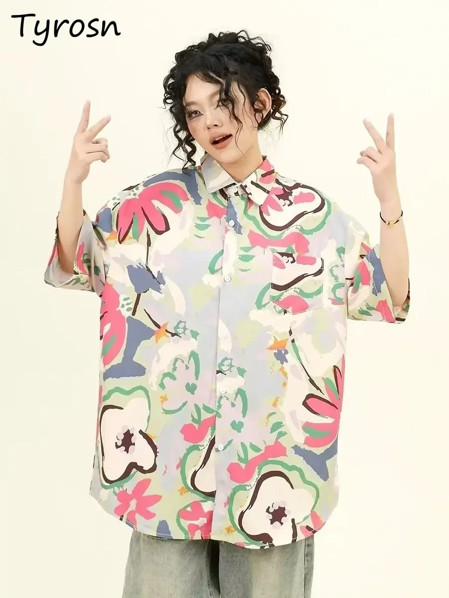 

Oil Painting Floral Shirts Women Short Sleeve Retro Summer Hong Kong Style Student Loose Niche Design Unique New Outwear Hipster