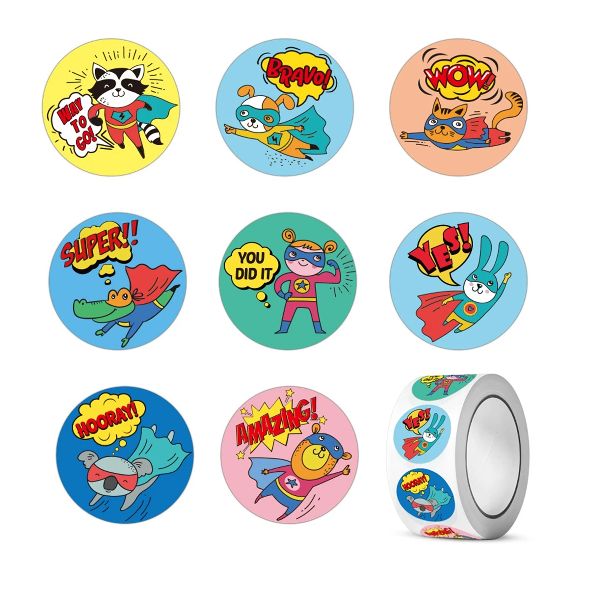 50-500pcs 1inch Round Cartoon Animal Stickers for Kids Teacher Reward Encourage Sticker Office Stationery for Children