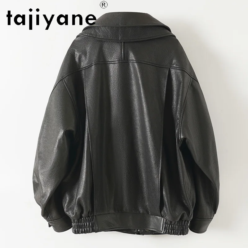 TAJIYANE Genuine Leather Jacket Women Bubbled Goatskin Moto Biker Jackets Double Collar Leather Coat Loose Outerwear Streetwear