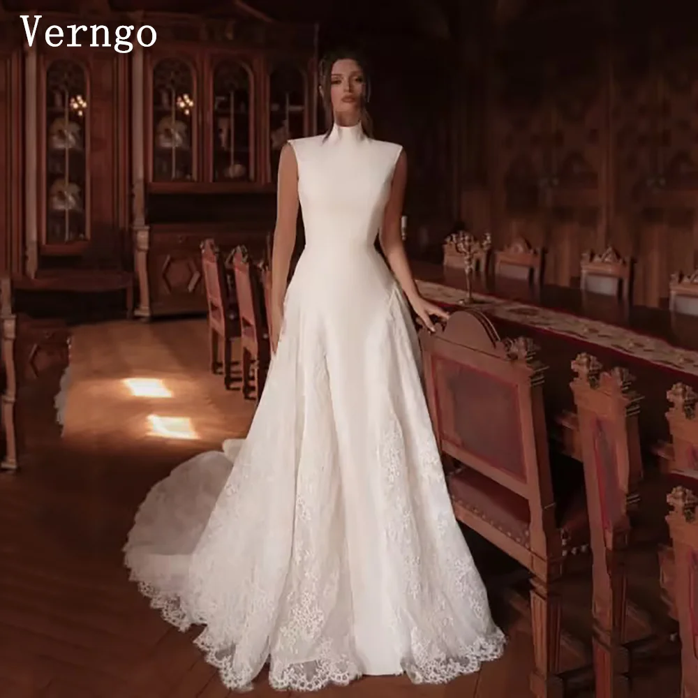 

Verngo lvory Satin Lace Wedding Dress High Neck Sleeveless A Line Appliques Bridal Gowns Eelgant Buttons Bride Dress Customized