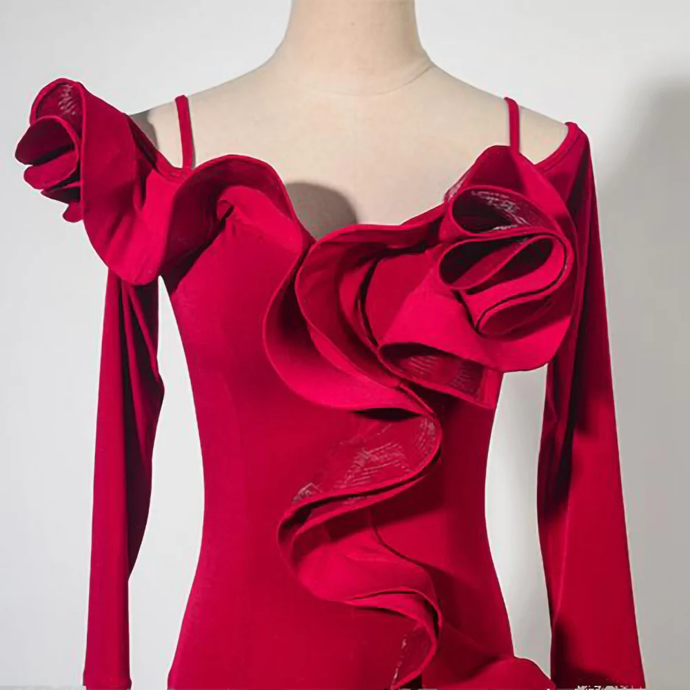 Sukienka na zawody tańca standardowego Walc Czarna Długi Rękaw Taniec Towarzyski Falbanki Nowa bordowa Sukienka do Ćwiczeń