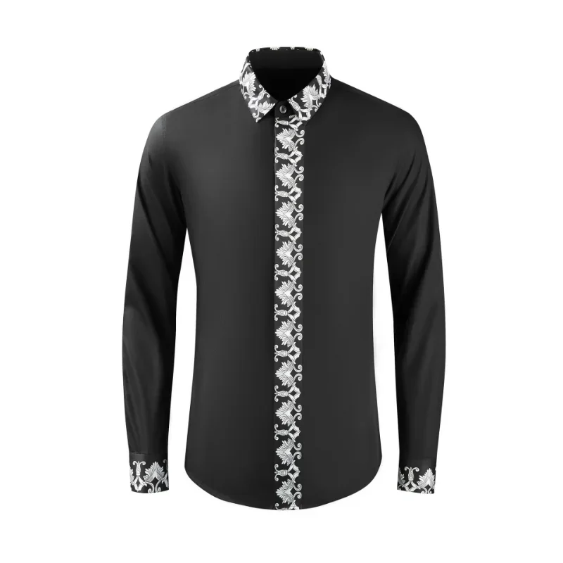 New Arrival Spring Flowers Black and White Color Contrast Men's Slimming Long Sleeve Shirt Fashionable Cotton Simple Size M-4XL