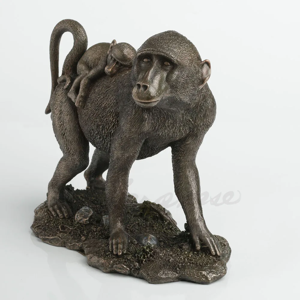 Bronze Finish Mother Baboon with Baby Monkey on Back Statue Resin Wildlife Figurine Rock Base Family Animal Desktop Decor Gift