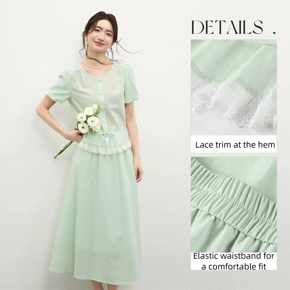 

SENTUBILA 2026 Summer Mint Green Lace Trim 2 Piece Dress Set Ｗomen Puff Sleeve Tie Waist Top Casual A Line Midi Skirt 162ZK5781