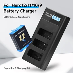 2000mAh AHDBT-901 GoPro hero 10 Battery+LCD 3-Slots Charger with Type-C Port for GoPro Hero 9 Go Pro 10 11 12 Sport Cameras