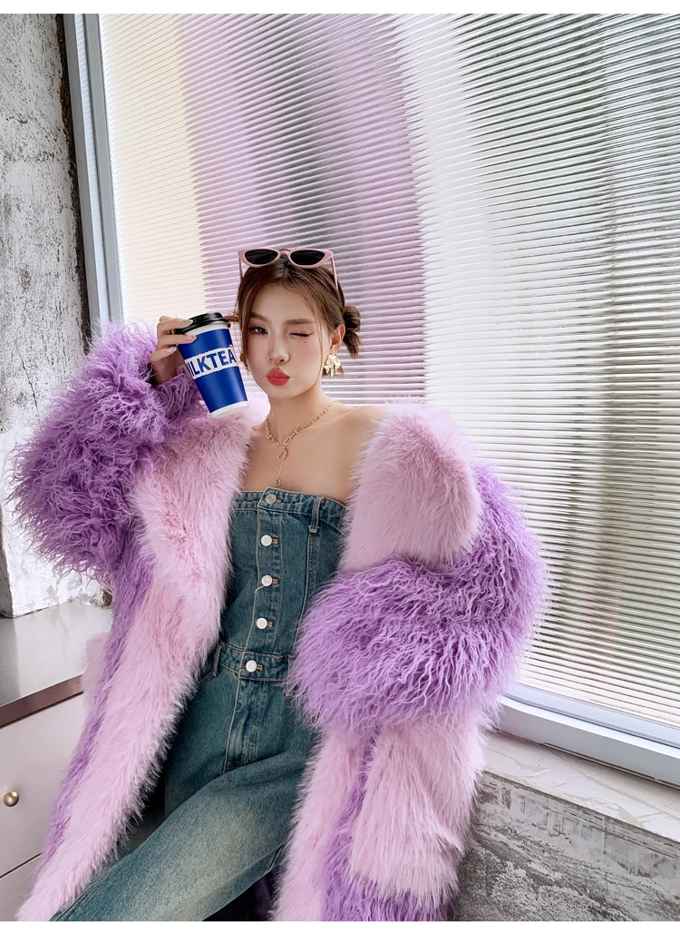 Light Purpl Faux Fur Coat Lady Fashion Personalized Streetwear Furry Lapel Long Jacket Winter Women\'s Coats Performance Costume