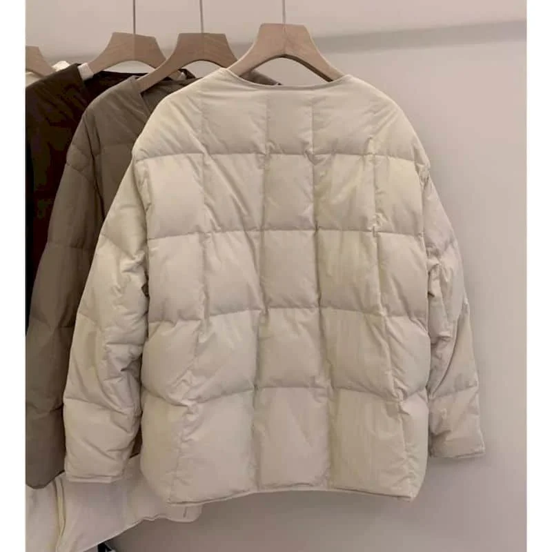 Down Coats V-neck Solid White Duck Down Jackets Loose Korean Style Casual Vintage Elegant Thick and Warm Winter Clothes Women