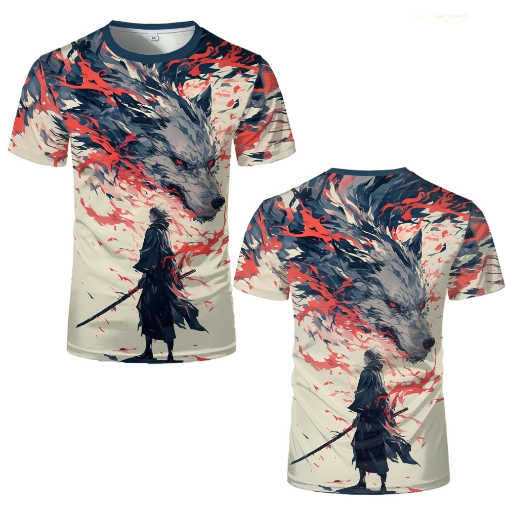 

Samurai And Wolf Graphic T Shirt Trendy Loose Casual Harajuku Style Streetwear Summer Quick Dry Breathable Short Sleeve Tops