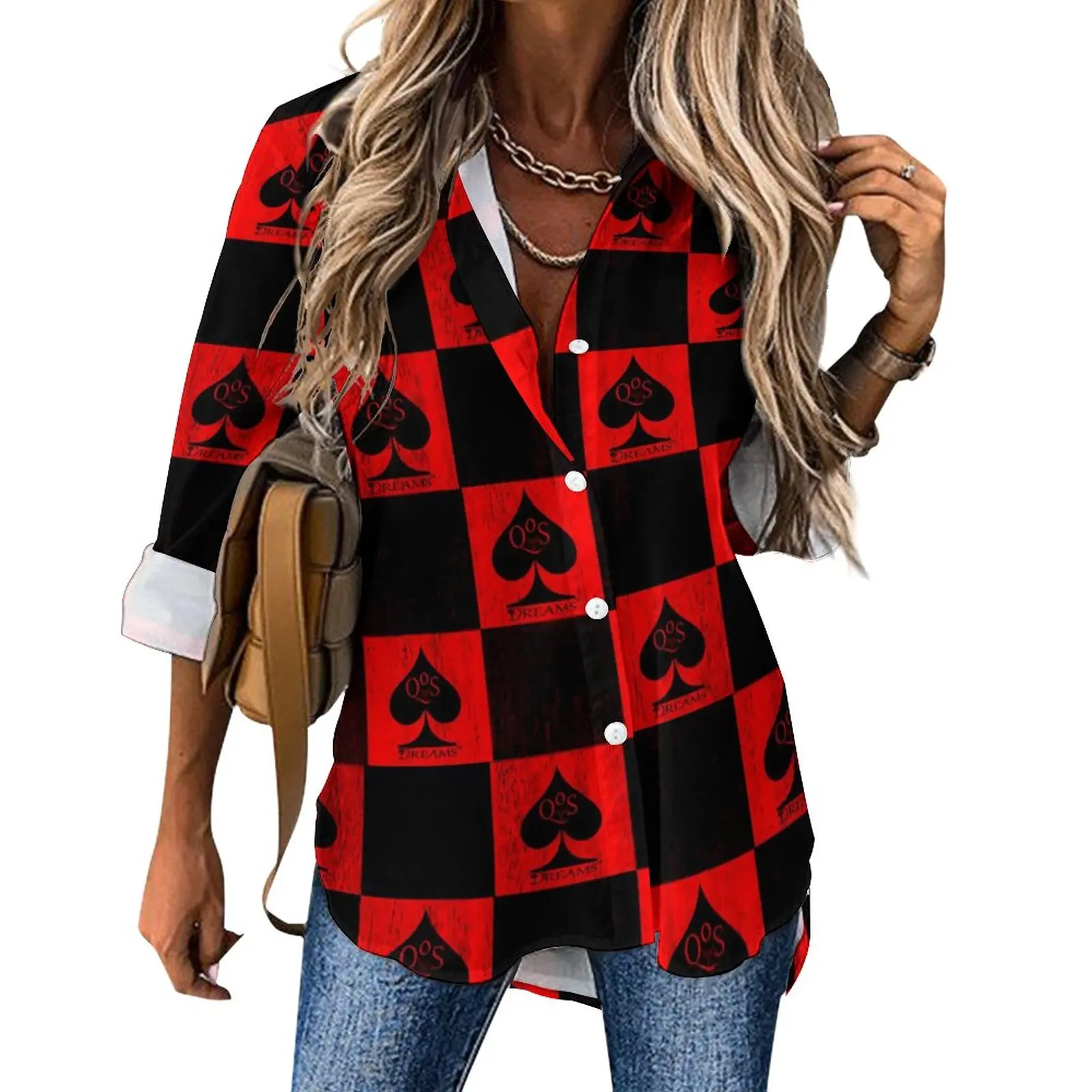 Queen of Spades Casual Blouse Long-Sleeve Red Checkers Retro Blouses Female Street Wear Oversize Shirt Pattern Clothes Gift Idea