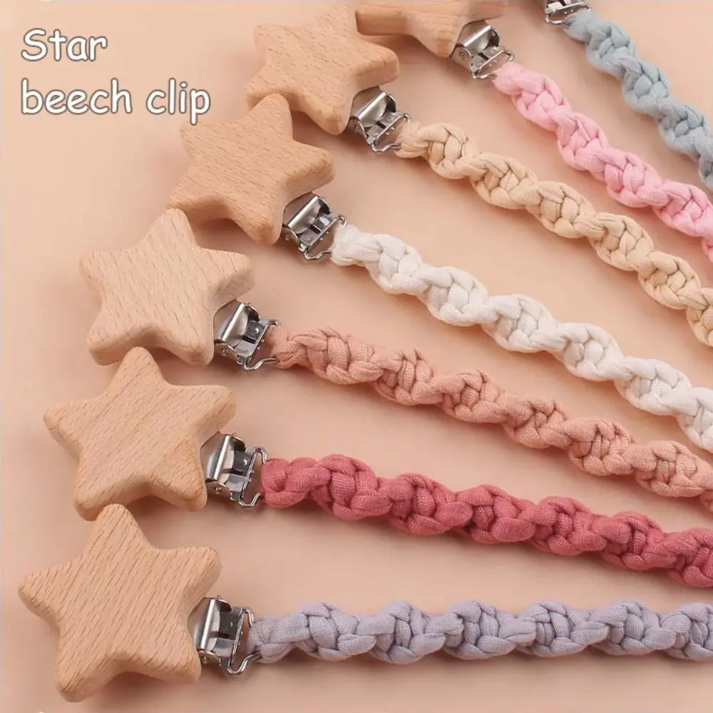 

Portable Handmade Pacifier Clips Braided Cotton Elastic cloth tape Teething Wooden Lightweight Pacifier Holder Chain