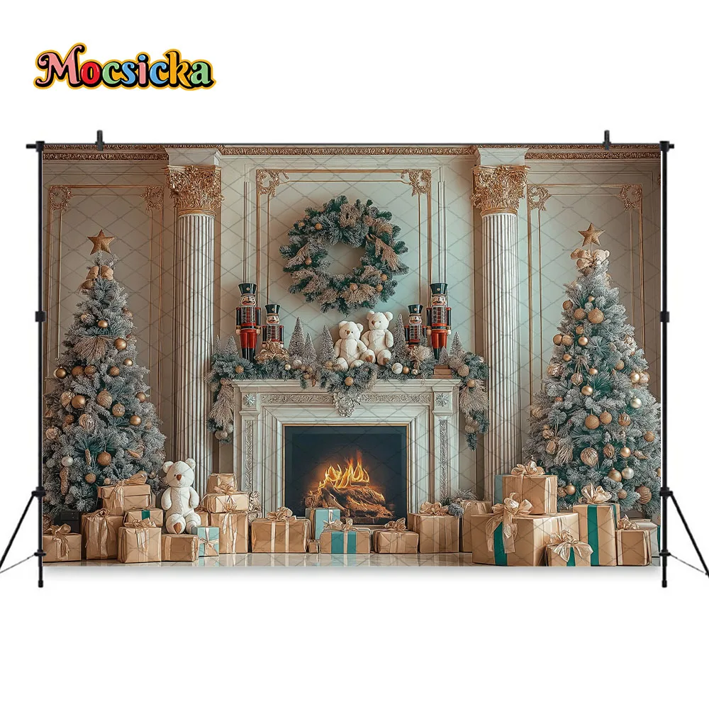 Mocsicka Ruang Natal Perapian Putih Latar Belakang Fotografi Pohon Natal Nutcracker Hadiah Mainan Latar Belakang Dinding Musim Dingin Anak Photobooth