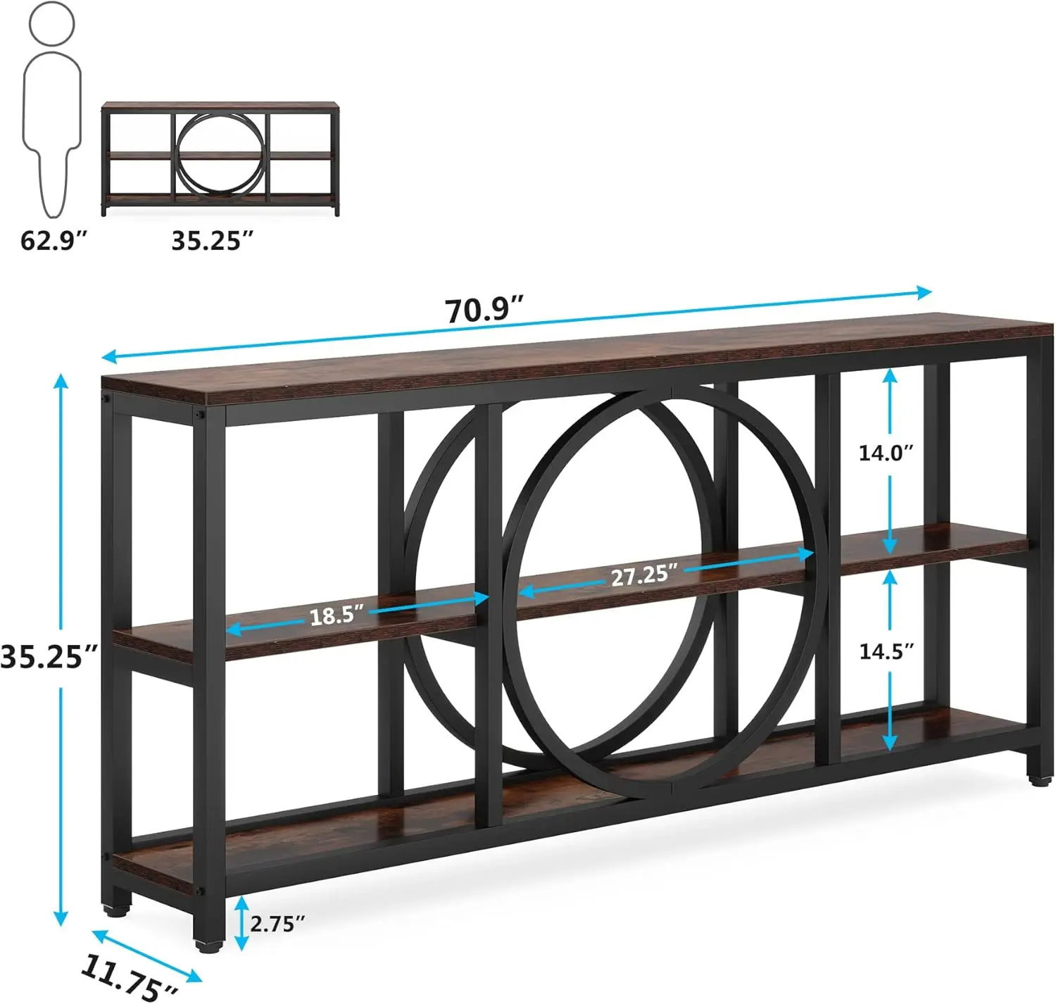 with 3 Tier Wood Storage Shelves Industrial Metal Frame for Entryway Hallway Living Room Behind Couch, Rustic Brown Black