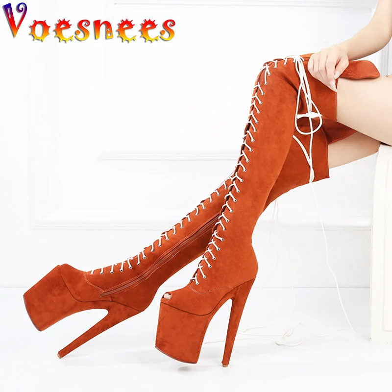 20CM Suede Nightclub Sexy Over-the-Knee Boots Model Catwalk Show Side Zip Peep Toe Shoes Women\'s Platform Pole Dance High Heels