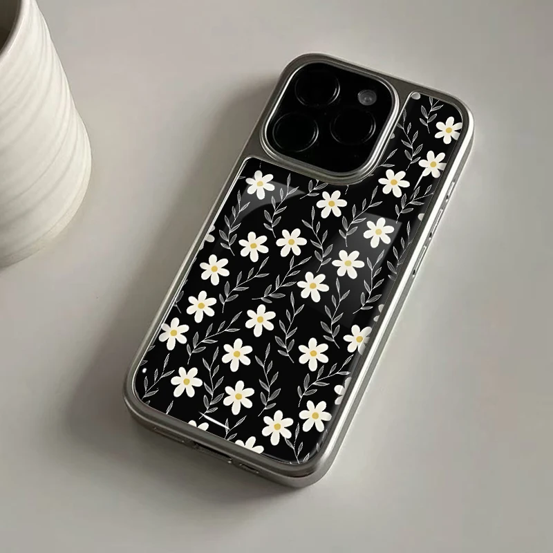 High-End-Hydrogel-Rückplatte mit gelben Blumen im koreanischen Stil, silberner Rand, stoßfeste Handyhülle für iPhone 17, 16, 15, 14 Pro Max