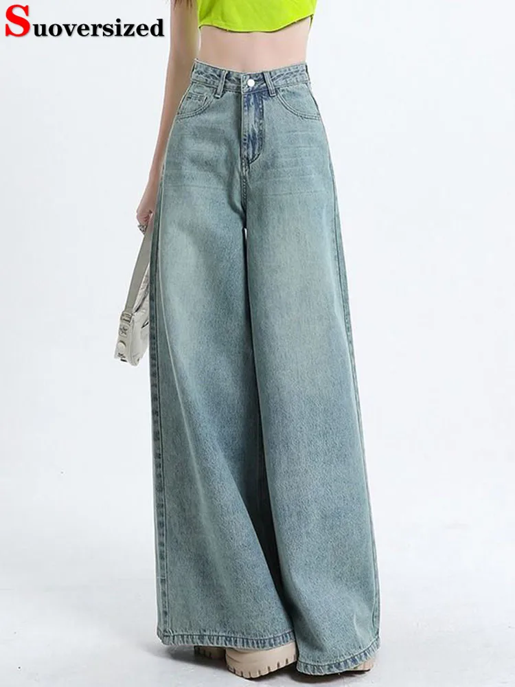 

Винтажные мешковатые широкие джинсы, женские повседневные прямые джинсовые брюки с высокой талией, корейская модная уличная одежда, классические однотонные свободные Vaqueros