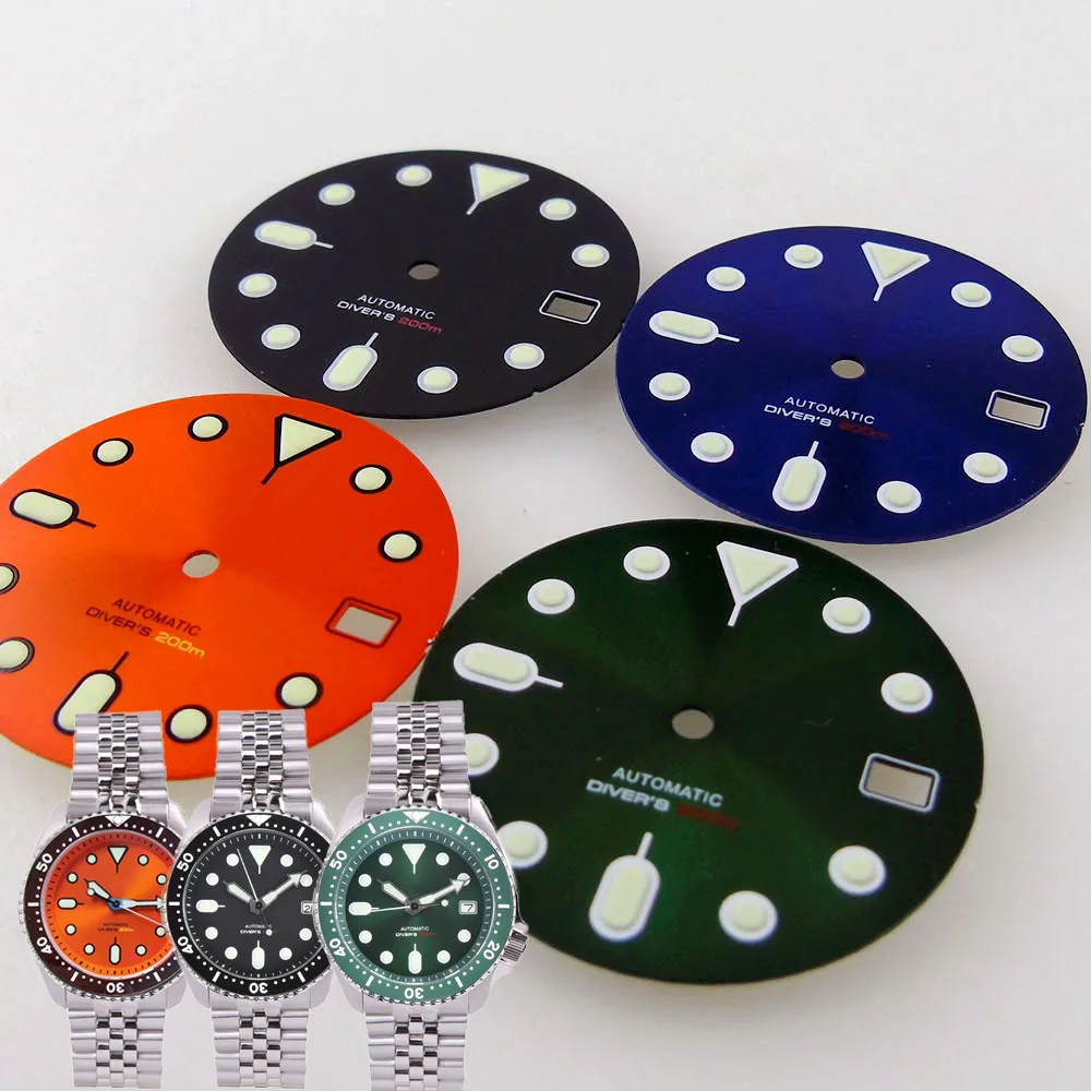 29mm Sunburst Orange Dial Face for NH35 NH36 Movt Crown at 3.8 Luminous Markers for SKX Watch Mod