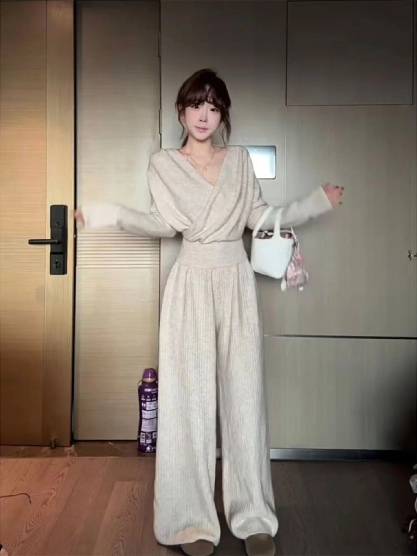 Korean Style High Waist Wide Leg Pants Knitted Cross Top Bottoms Matching Set Autumn Winter Fashion Casual Wear Women's Ensemble