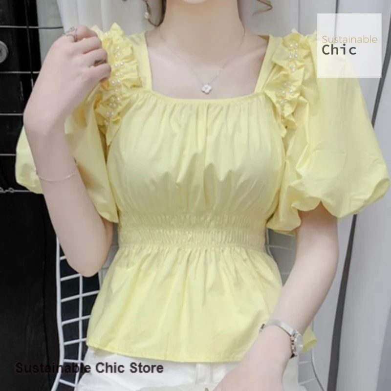 

French minority square collar bubble sleeve women's spring and summer new fashion trend chic wooden ear waist slim shirt