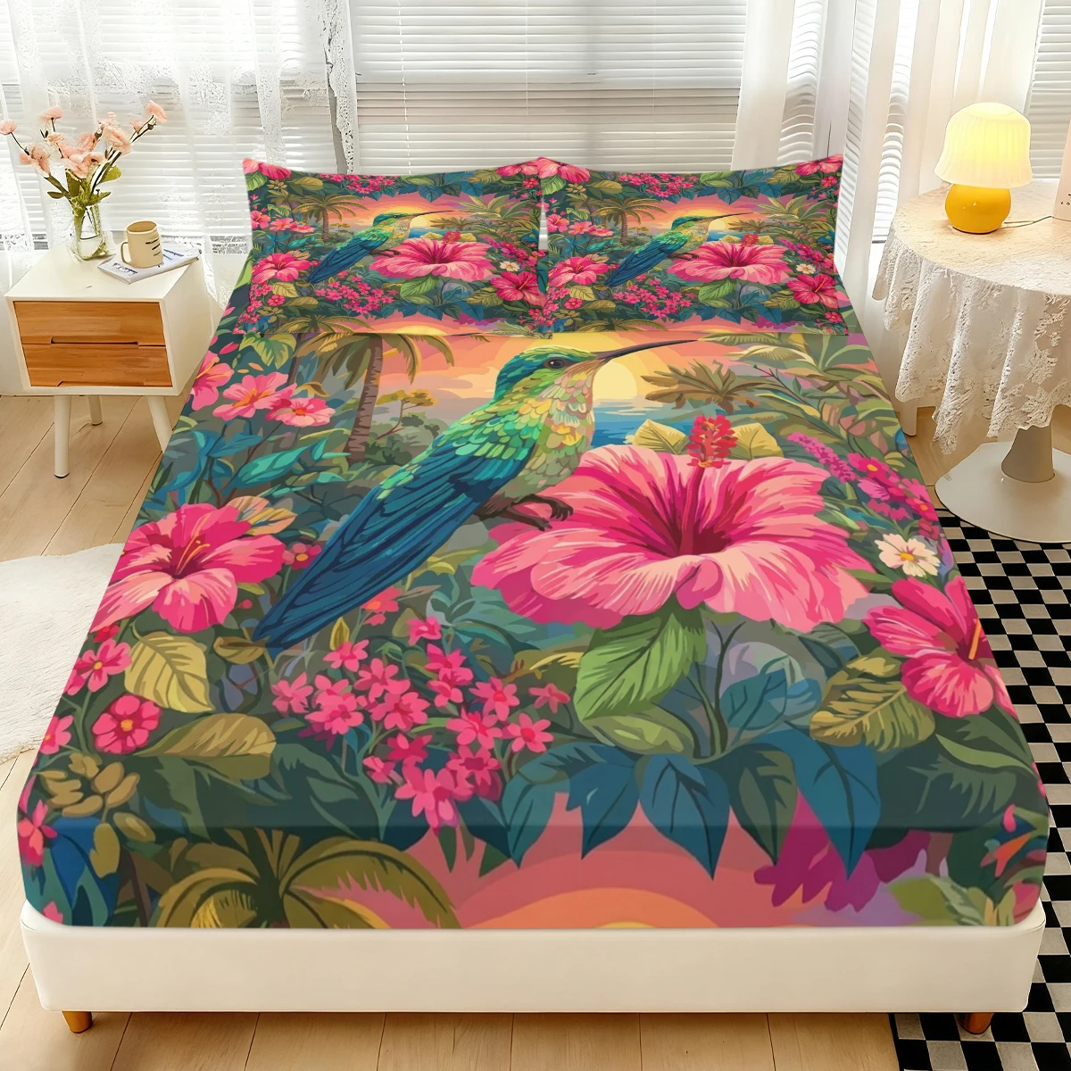Tropical Hummingbird Hibiscus Fitted Sheet 3PCS, Floral Elastic Mattress Cover with Pillowcases, Bohemian Bedding for Bedroom