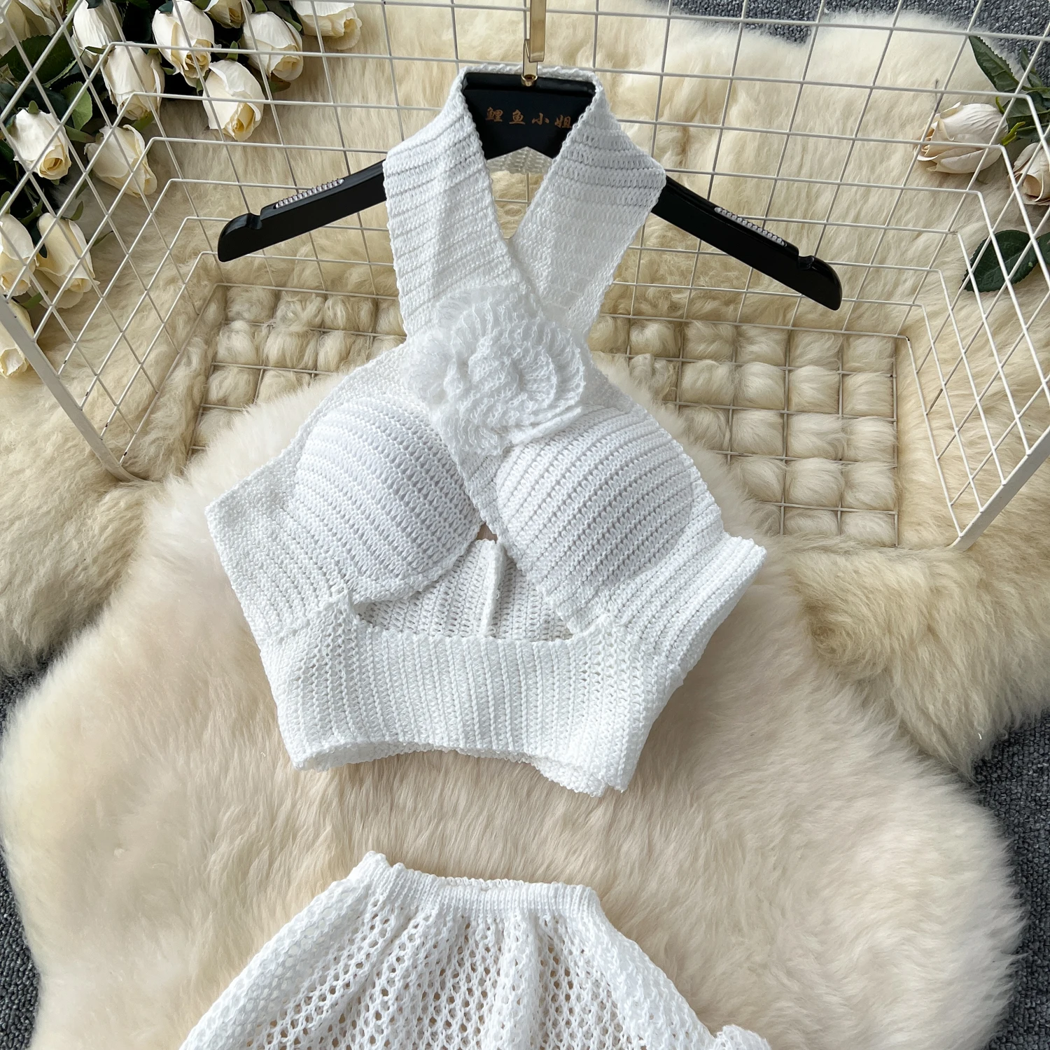 Vrouwelijke Zomer Halter Tropische Outfit Gebreide Holle 3D Bloem Sets Vrouwen Split Strand Vakantie Feestkostuums Dame Elegante 2 stuks Set