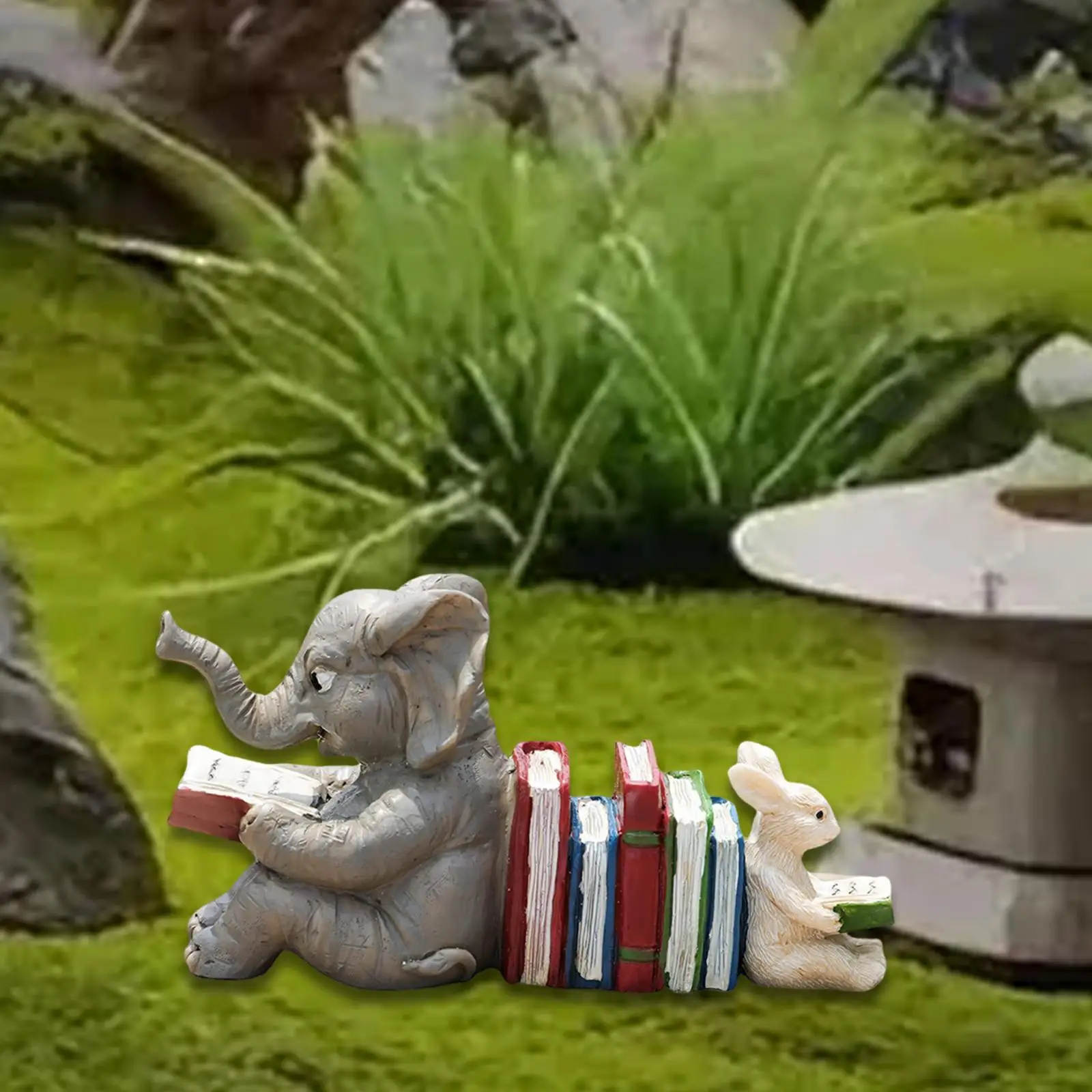 Elephant Rabbit Reading Book Statue Animals Figurine for Cabinet Living Room