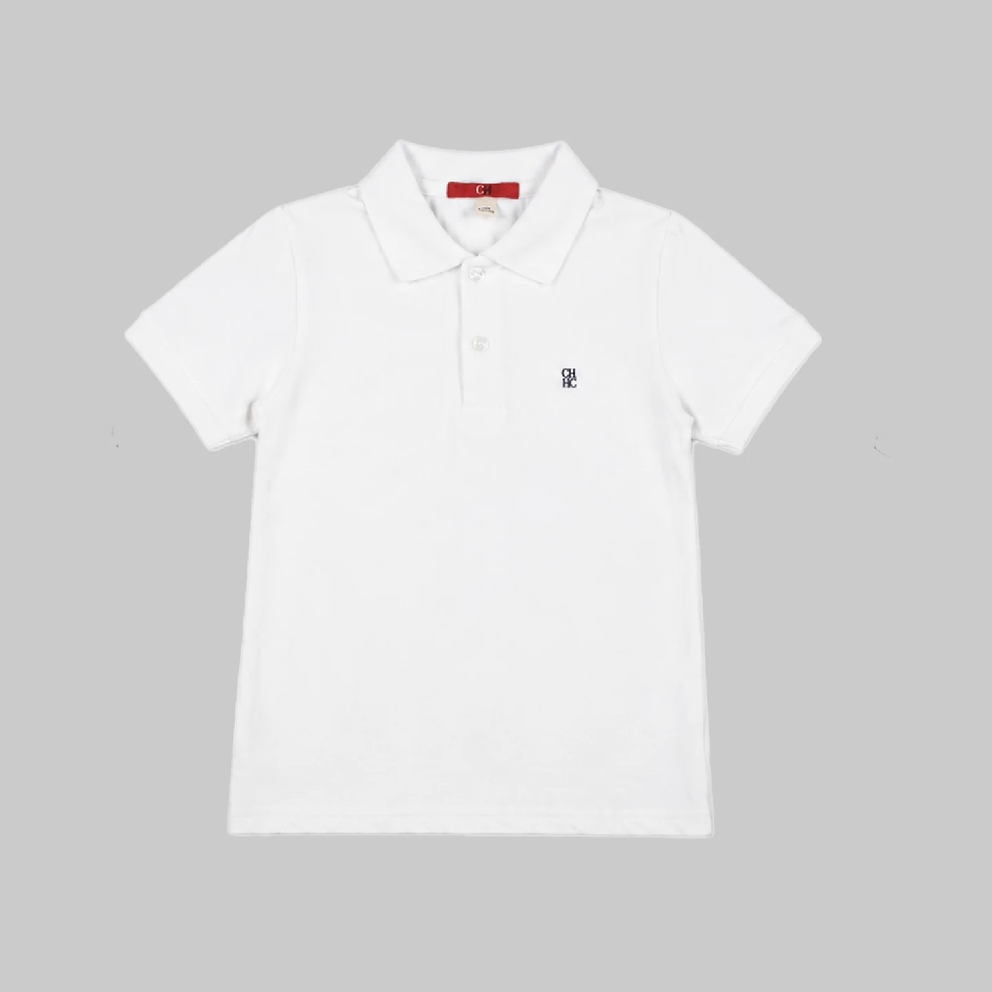 CH Kids' Basic White Short-Sleeved Polo Shirt with a Turtleneck-Pure Color-Embroidered Logo-Made of Breathable Cotton