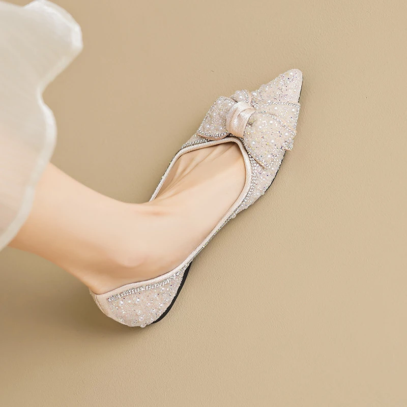 

Pointed-toe rhinestone shoes for women, autumn bowknot slip-on fairy shoes, large size