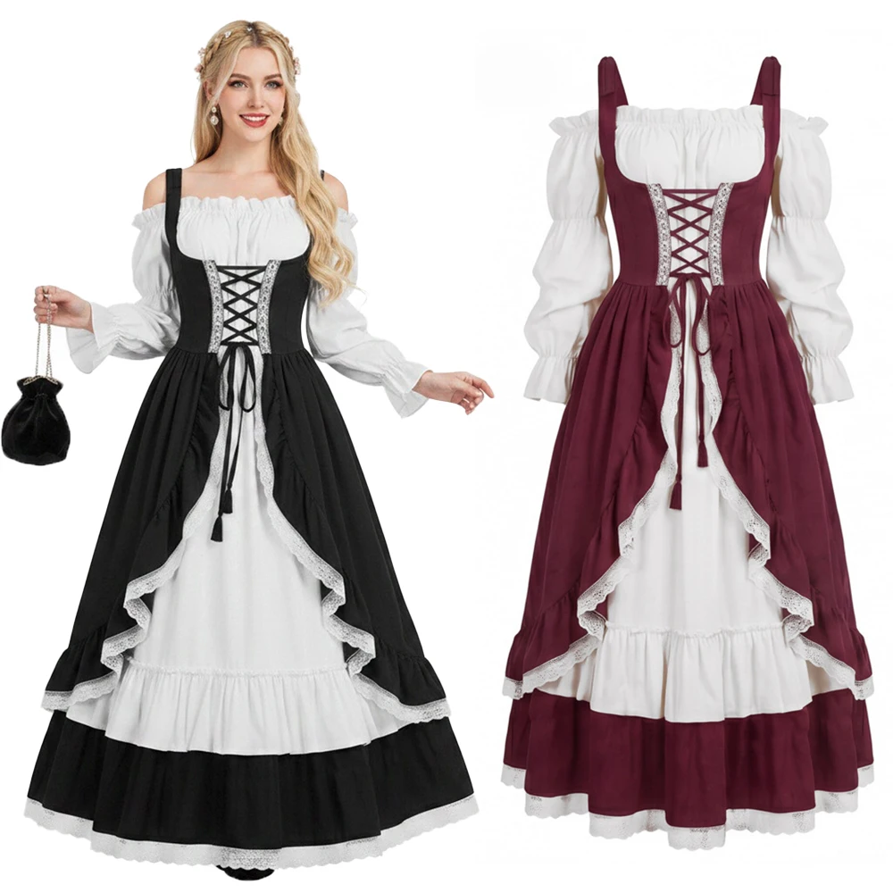 Women Vintage Dress Medieval Pastoral Court-Style Puff-Sleeve Outfit Gothic Renaissance European-Style Gown Halloween Costume
