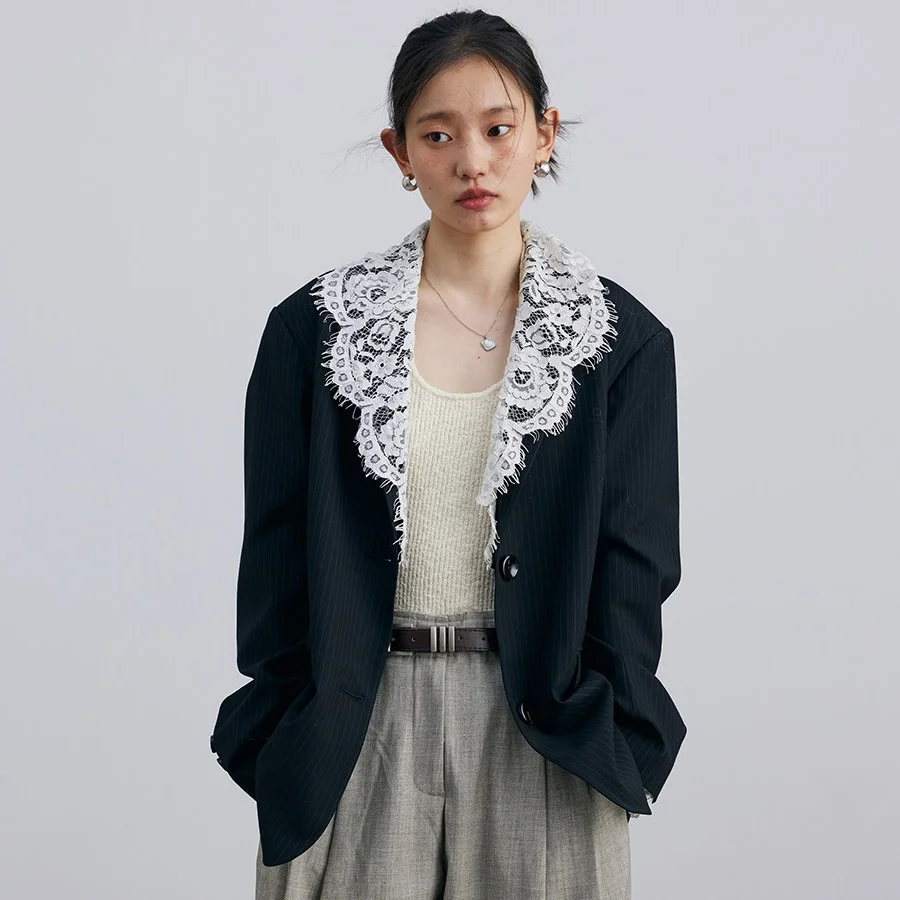 

Женский весенне-осенний блейзер в корейском стиле с кружевными вставками, пиджак с длинным рукавом, верхняя одежда для женщин