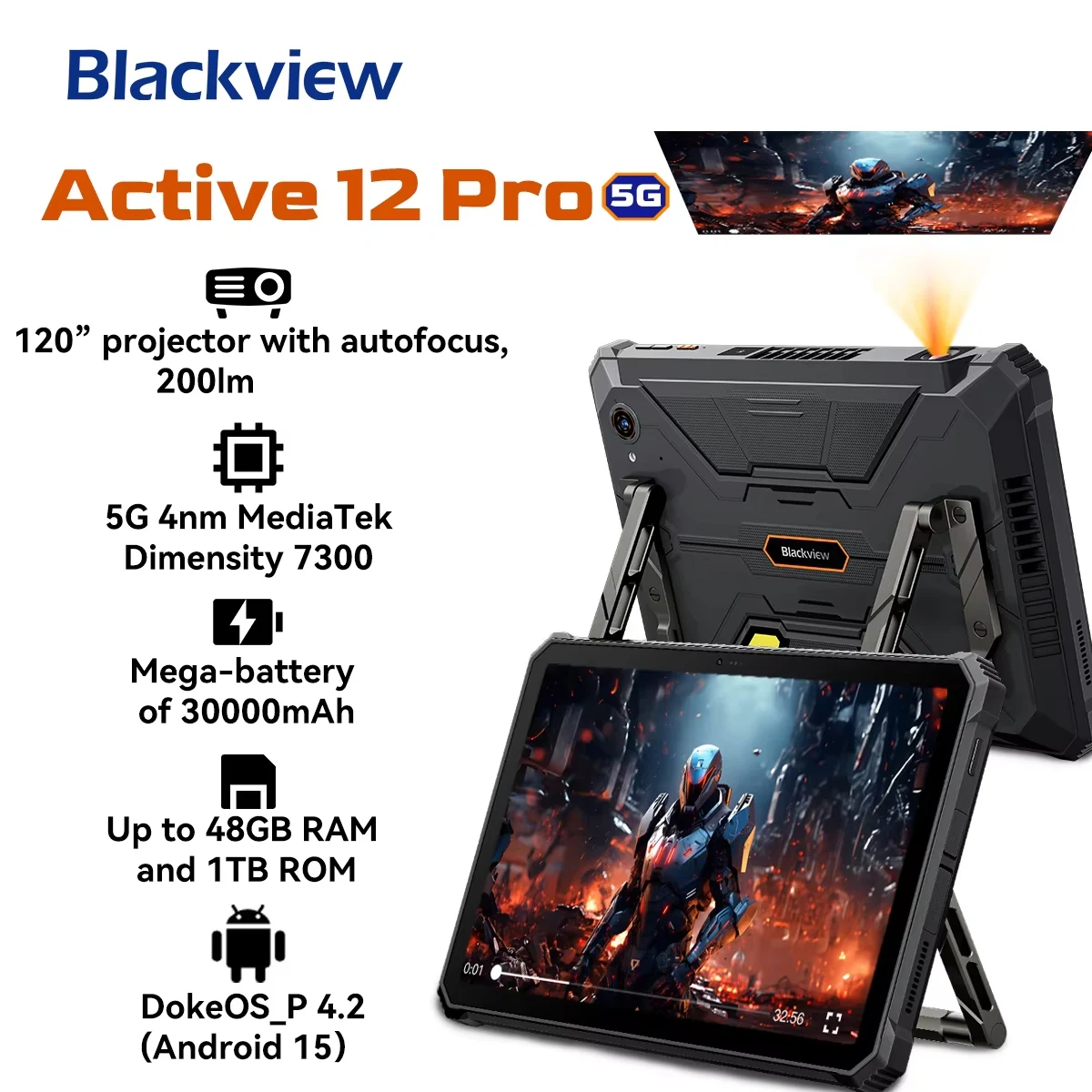 Blackview Active 12 Pro Rugged Projector Tablet Android 15, Dimensity 7300 5G 11‘’ Pad, 16+32GB RAM 1TB 30000mAh Tablet Phone