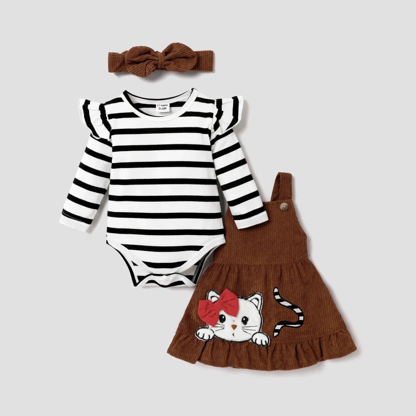 PatPat 3pcs Baby Girl Stripe Ruffle Long-sleeve Romper and Cat Embroidery Buttons Ribbed Strappy Ruffle Skirt & Headband Set