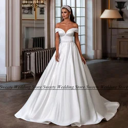 Elegant Satin Wedding Dress A Line Off The Shoulder V Neck Beads Sweep Train Back Zipper Custom Size Bridal Gown Vestido Noiva