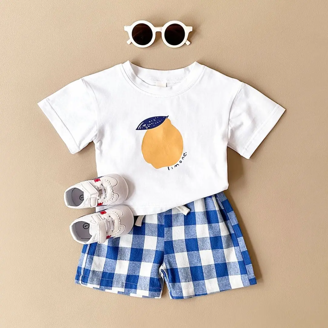 Newborn Baby Boys Girls Clothes Set Summer 2PCS Lemon Fruit Print T-shirt+Checked Shorts Beach Infant Toddler Outfit Suit 0-3Y