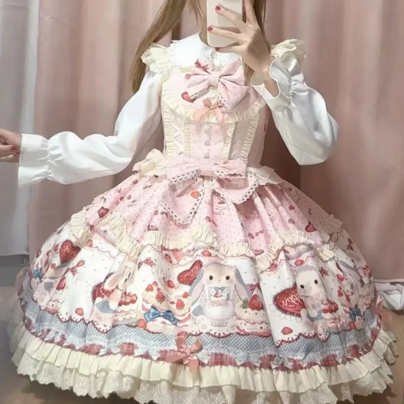 

Original Pink Ruffle Lace Sweet Lolita Dress Cute Bunny Strawberry Cake Print Two Piece JSK For Valentines Day Party Dress Women