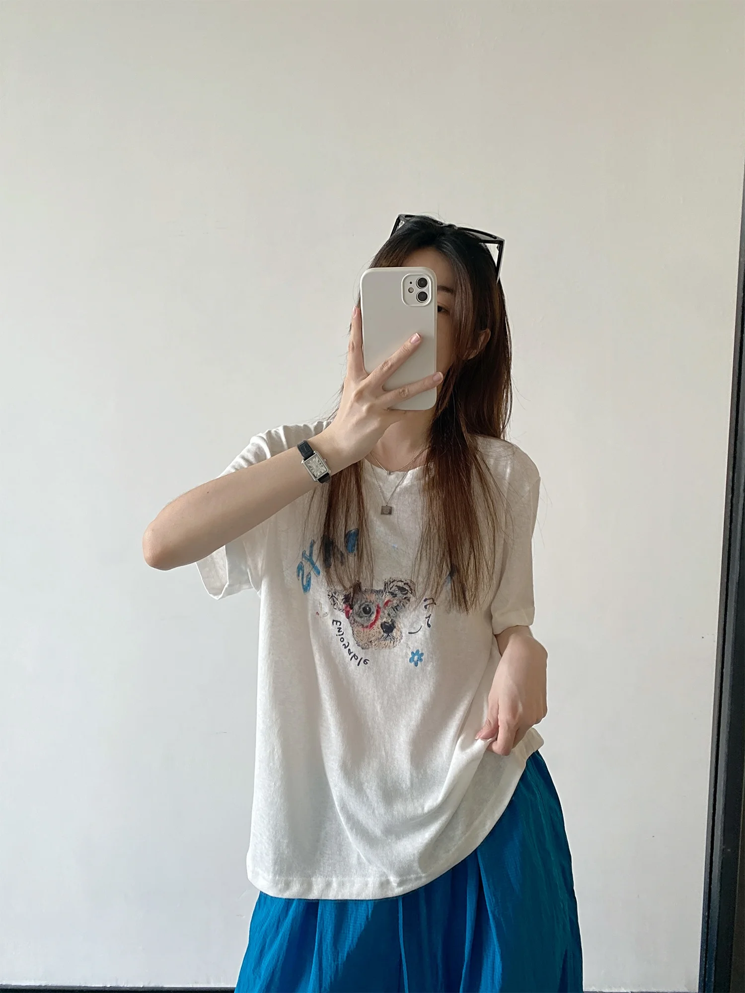 SunYeo Ice Sensation Snowflake Cotton Short Sleeve T-Shirt Women's Summer Print Casual round Neck Top Fun Graffiti Dog Eyewear