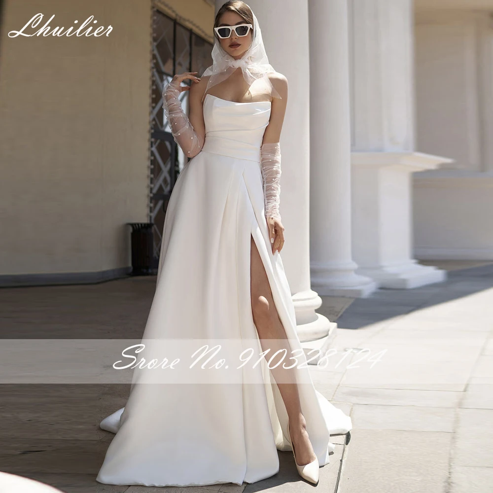 Lhuillier Elegant A-line Strapless Satin Wedding Dresses Floor Length Pleated Sleeveless Bridal Dress with High Slit